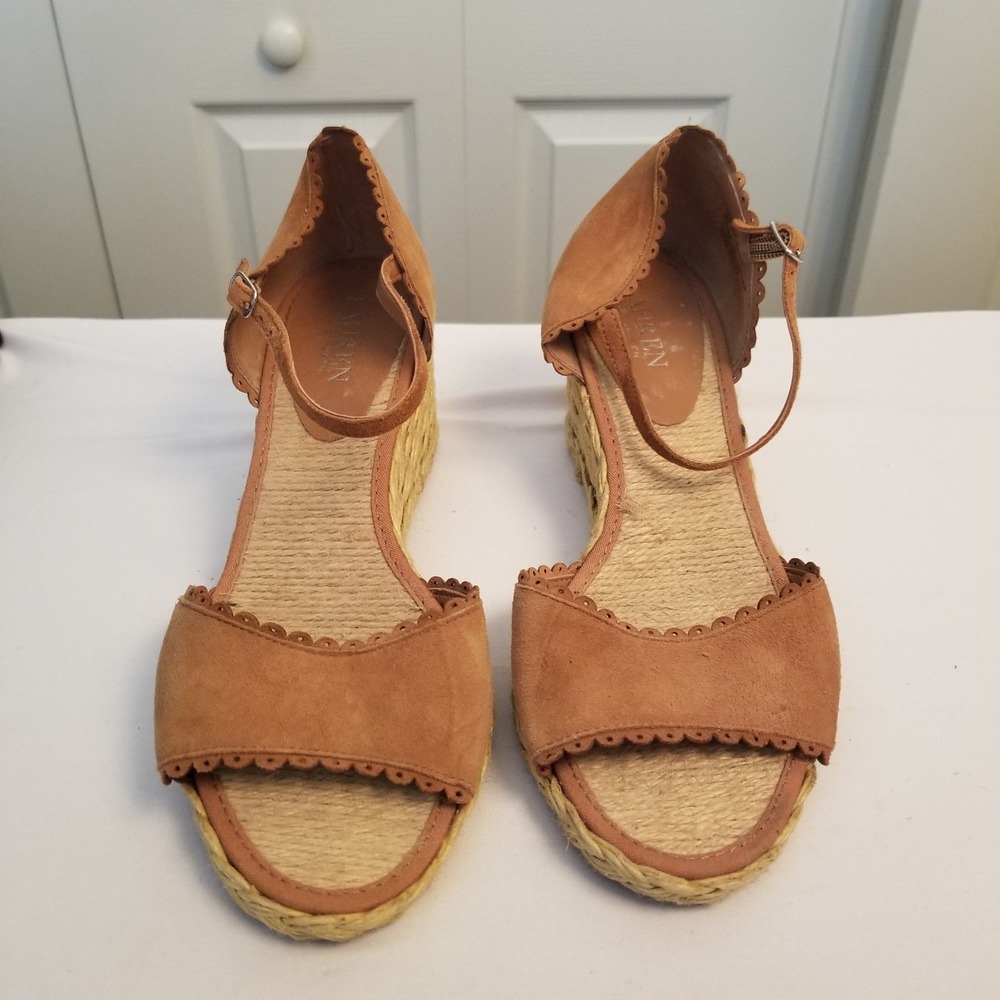 Lauren Ralph Lauren Tan Suede Scalloped Espadrille Wedge Sandals Women 8 B